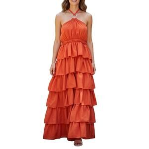 DO+BE Tiered Halter Maxi Dress Orange Lightweight Stretch Back Pullover S